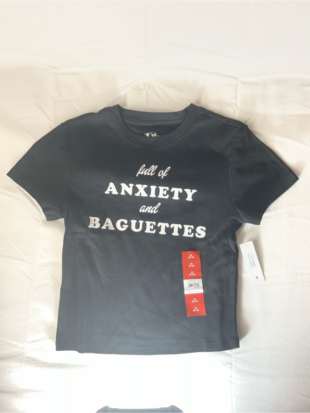 Women Black Baby Tee Short-Sleeve Graphic - Full of Anxiety and Baguettes New